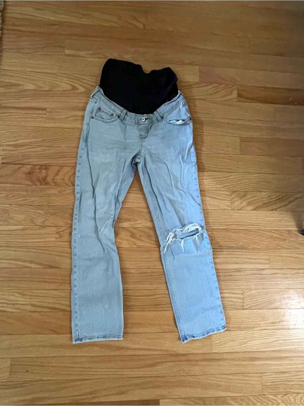 Abercrombie & Fitch Light Blue Straight Leg Maternity Jeans with Knee Rip